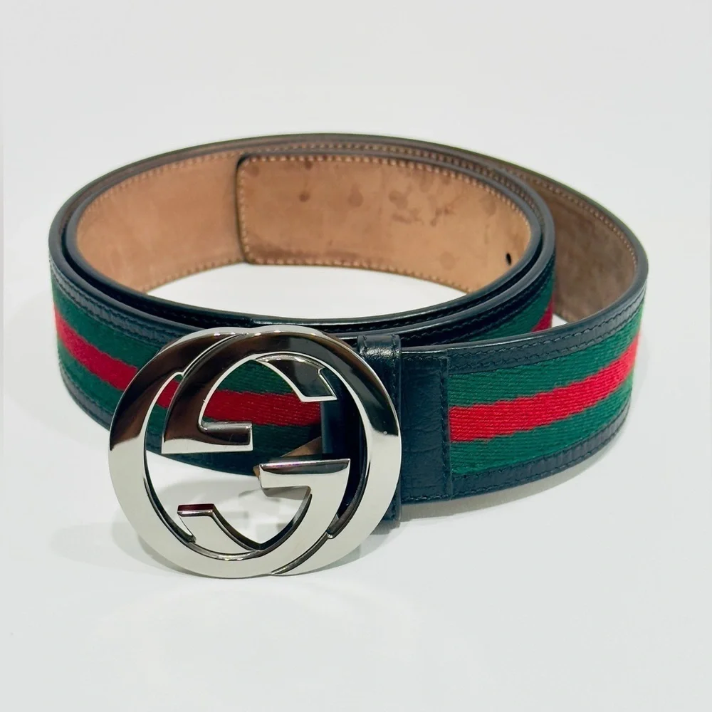Gucci Web Canvas Black Leather Belt 114984 Silver Interlocking G Buckle 100/40
